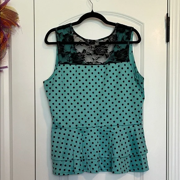 Cato Teal Polka Dot Peplum Top XL Lace Back Ruffle Hem Sleeveless Blouse - Picture 3 of 4